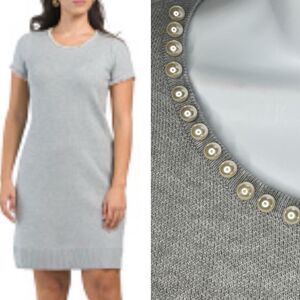 Sandra Darren Short Sleeve Faux Pearl Neck Mini Sweater Dress Gray M NWT